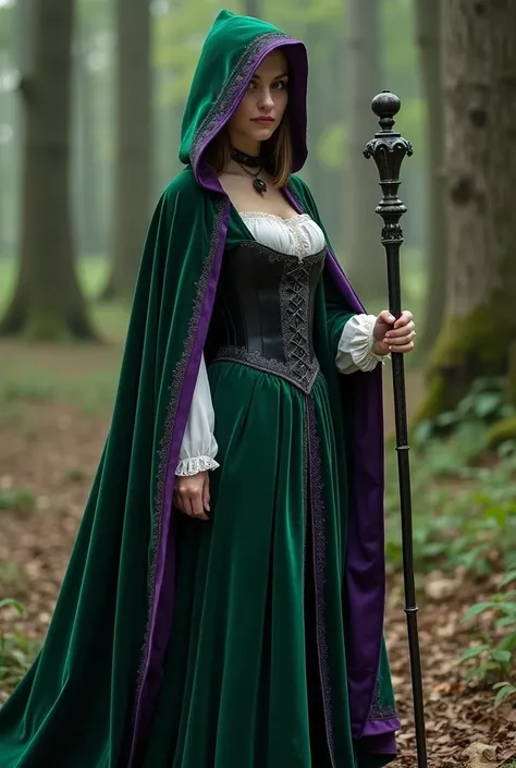 Russian witch ,  without a hat
green velvet cover on the outside and purple on the inside with silver thread on the entire end of the cover and with hood
Scepter with a ball like the moon at the tip
Age around 40 years
Do you wear cold, with black corset a...