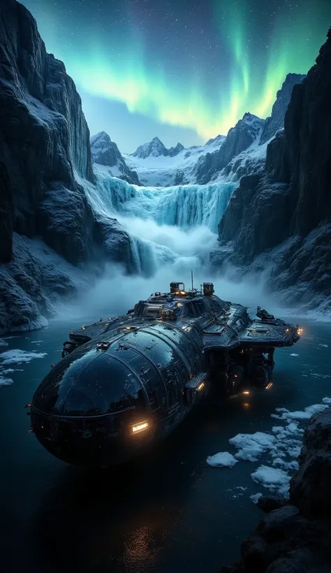 alien space ship in hughe icy glacier, aurora borealis over the glacier, highly detailed, cinematic lighting, 8k, photorealistic, hyper-realistic, dramatic, moody, atmospheric, volumetric fog, gritty, grunge, muted colors, cold hues, dramatic shadows, epic...