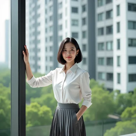  professional Asian woman ,  short bob haircut ,  white collar shirt,  gray pleated skirt ,  standing in front of a modern apartment building ,  stylish architecture , Putting a hand in the window , Green landscape ,  soft lighting ,  realistic photo , Hig...