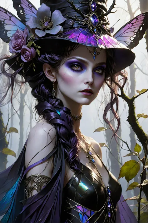 An evil sorceress fairy, her commanding presence dominating the scene. Her long, intensely bright purple curly hair sways gently in the mist. Dark makeup streams around her eyes, highlighting a menacing, powerful gaze. She wears a second skin of shiny purp...