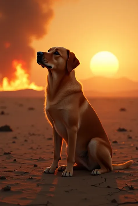 Brown Labrador dog burning in the fire contemplating the sunset in the desert