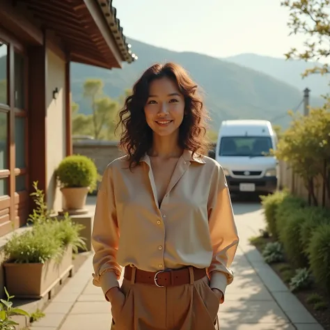  Korean woman in her 40s ,  traditional Korean home , countryside,  warm lighting ,  soft focus ,  scenic landscape ,  casual sexy costume ,  beige button-up hot shirt showing under the chest, Cheong hot pants, brown belt, curly hair,  natural makeup , smi...