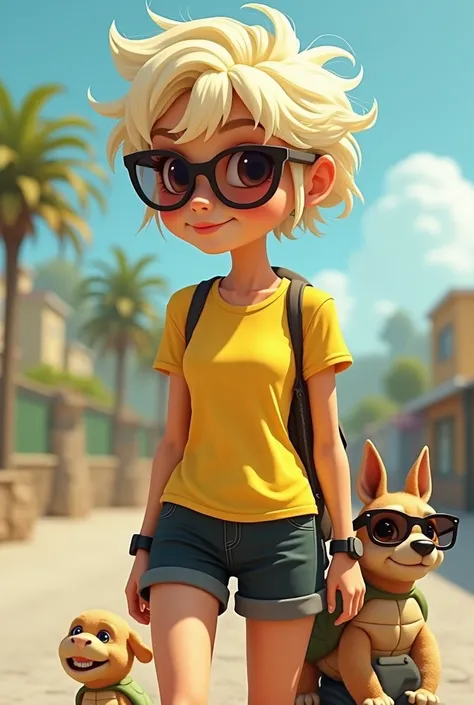 une tortue souriante aux grands yeux bruns et des lunettes transparentes blanches. Elle a les cheveux courts blonds foncés avec une mèche sur le coté. Elle porte des baskets jaune de course, un tee shirt jaune fluo et un short noir.  a ses coté son chien t...