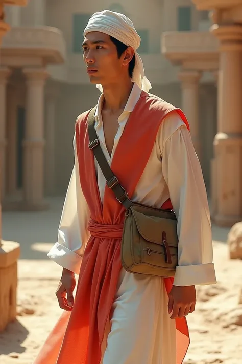 Korean young man, white forehead bandana, arabian white shirt, red cloth vest, khaki sling bag, white pants.