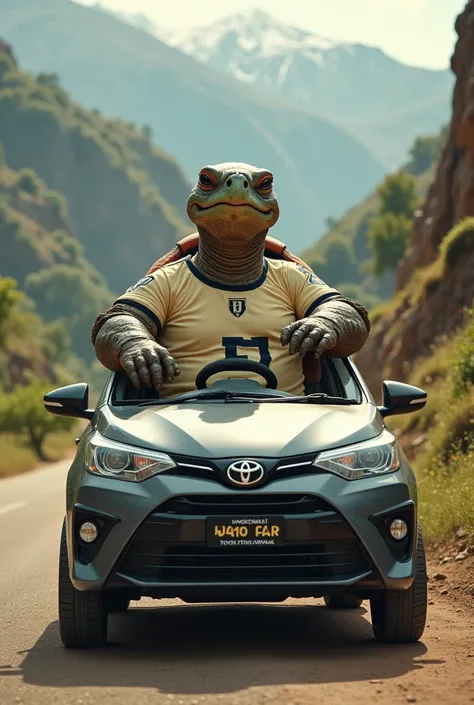  Obese turtle wearing a cream soccer shirt with a drawing of a u inside a circle, driving his lead-colored Toyota etios in Peru  
