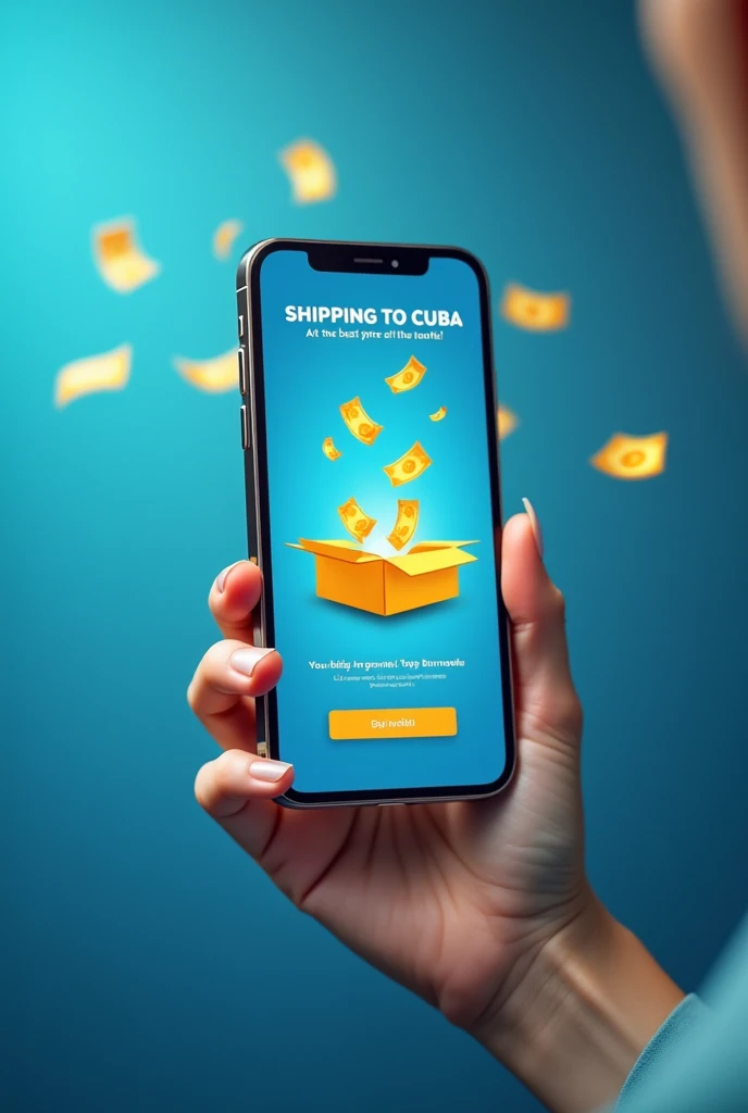  A mobile phone showing a money transfer app ,  highlighting a message that says Shipping to Cuba at the best price of the month!!with flying money icons ,  vibrant colors in shades of blue and gold .  Clean and professional environment with focus on the m...