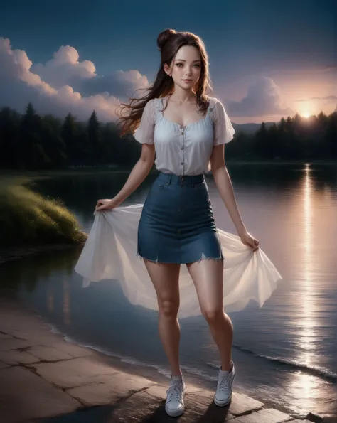 smiling pretty young woman, at summer park, near lake, evening scenery, sunset, (+forehead, dark-brown hair, long hair, half up half down, single bun hair ), wearing light-gray 1/8 sleeves deep round neck blouse,  denim pencil mini skirt, white sneakers, B...