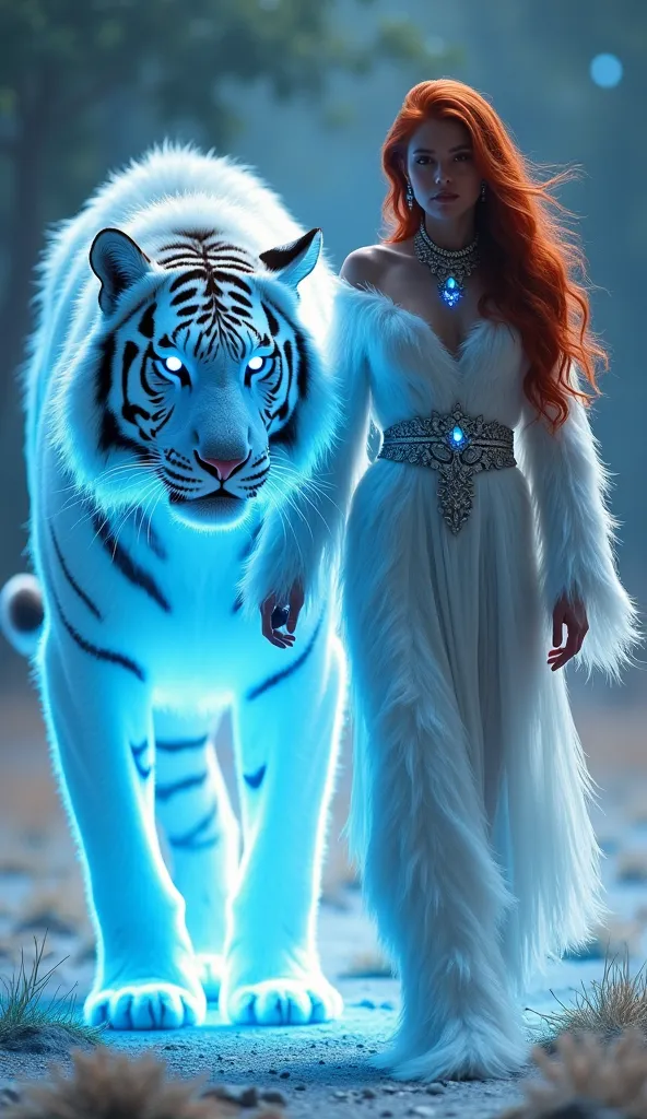 "create an image of a beautiful red-haired woman, walking alongside a huge white tiger with long fur. both have neon blue outlin...