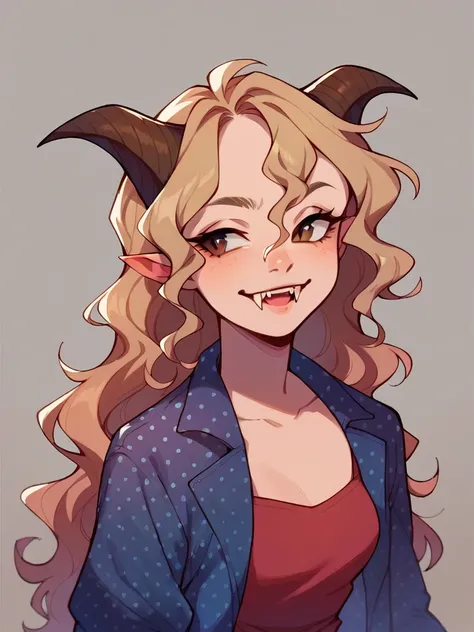 Half body, A pretty woman, long blond wavy hair, Brown eyes, Casual clothes, cat ears and tail, fangs, horns, sexy, dotted jacket