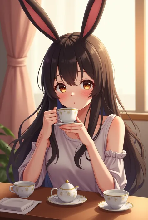 Anime cute loli bunny ear 22 year old girl height 54 black long hair brown eyes Having tea to getting free from my drowsiness. 