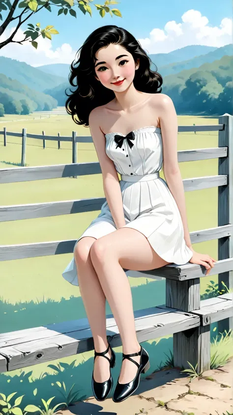 color minimalist illustration, front view, full body shot of teenage Ava Gardner, sitting on a fence, shoe dangling from foot, cleft chin, high marked cheekbones, sweet half smile, full moisted natural lips, green eyes, long black wavy hair, white straples...