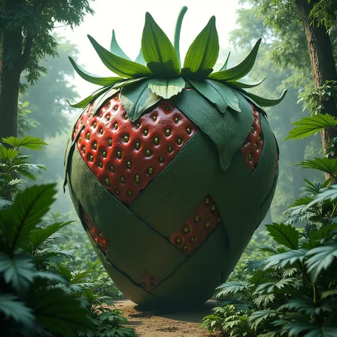 Create a 3D image, on a jungle, of a strawberry design made of hulk, the strawberry designs body is huge and completely covered in hulks iconic dress, composed of materials