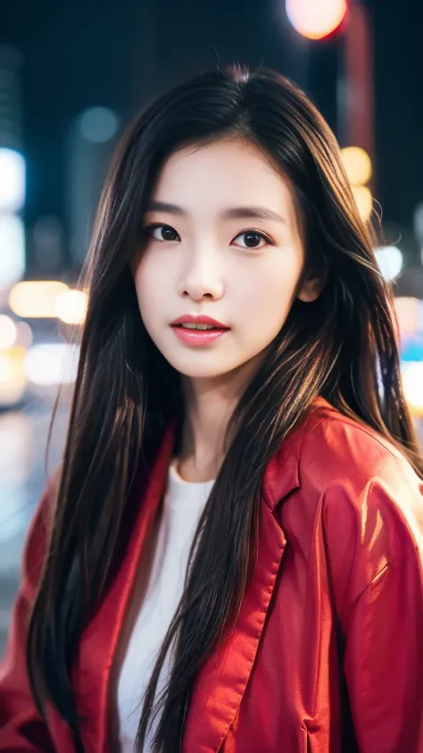  super quality、 ultra high resolution、8k、 comet 、The most beautiful woman in the world、（ brown long hair:1.5）、Small face、Thin, thin eyebrows 、Midnight、Tokyo、 reality stick、（ red jacket :1.5）、 Sexy Expression 、 sexy pose、
