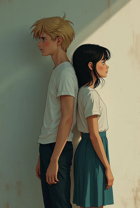 A blond-haired boy with seawater-colored eyes, light skin, build (muscular), of tall stature, leaning sadly against a wall in which a girl with dark hair with gray eyes, light skin, He is also leaning against the wall but on the other side back to back and...