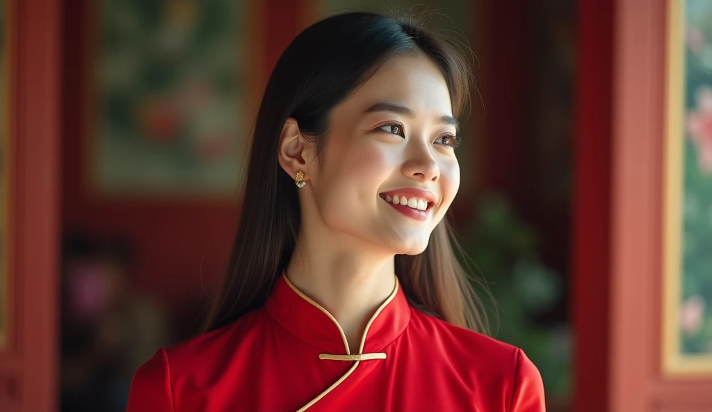 
cinematic photo vietnammese woman 22 years old, 3/4 shot, with gorgeous eyes and skin, smiling, long hair, eye looking up top left, Ao Dai red dress, tet holiday. 35mm photograph, film, bokeh, professional, 4k, highly detailed