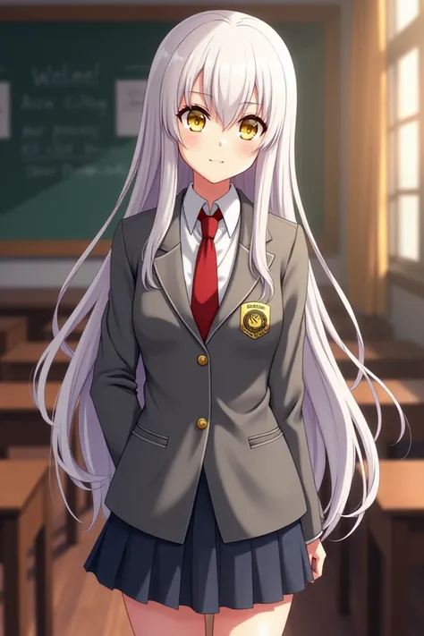  create a character from My Hero Academia, A 16-year-old girl , pale skinned, long, straight white hair . golden eyes . dressed in a UA uniform ( gray coat and red tie )She is in a classroom 