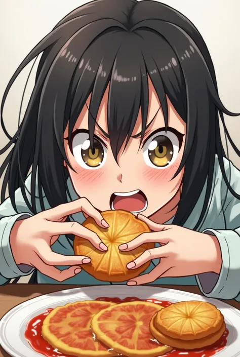 anime girl full body eating with face angry camera  from front