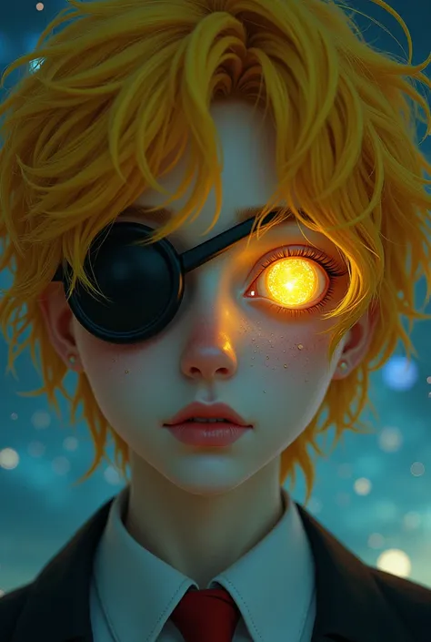  Close-up of an improved masterpiece:1.5)0.9], (night starry sky:1.2) ( Messy yellow hair:1.1) (heterochromia: xanthochromia and golden eyes :1.2) ( Colored stars in the eyes:1.0) (A radiant glow:1.1) ( big breasts) (left eye patch ) (Lawyer clothes)