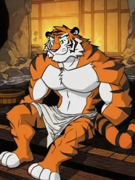 sit,Humanoid Tiger,Green Eyes,((no tail)),muscle,Naked,fur,three toes , black stripes, orange body, white chin ,white boobs,White belly,white hands and feet, Quality Best ,Cartoon,8k,indoor,The six-foot cloth ,hot spring,Bath,Warm colors.