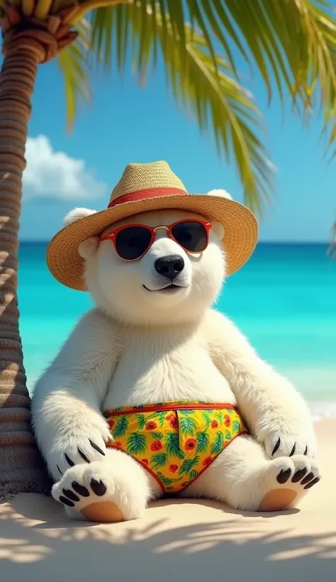 A hyper-realistic, photorealistic image of a polar bear with a humorous twist as if it were a Baiano from Bahia, Brazil. The polar bear is wearing a straw hat typical of Brazilian beachgoers, colorful tropical swim trunks, and sunglasses. It is lounging un...