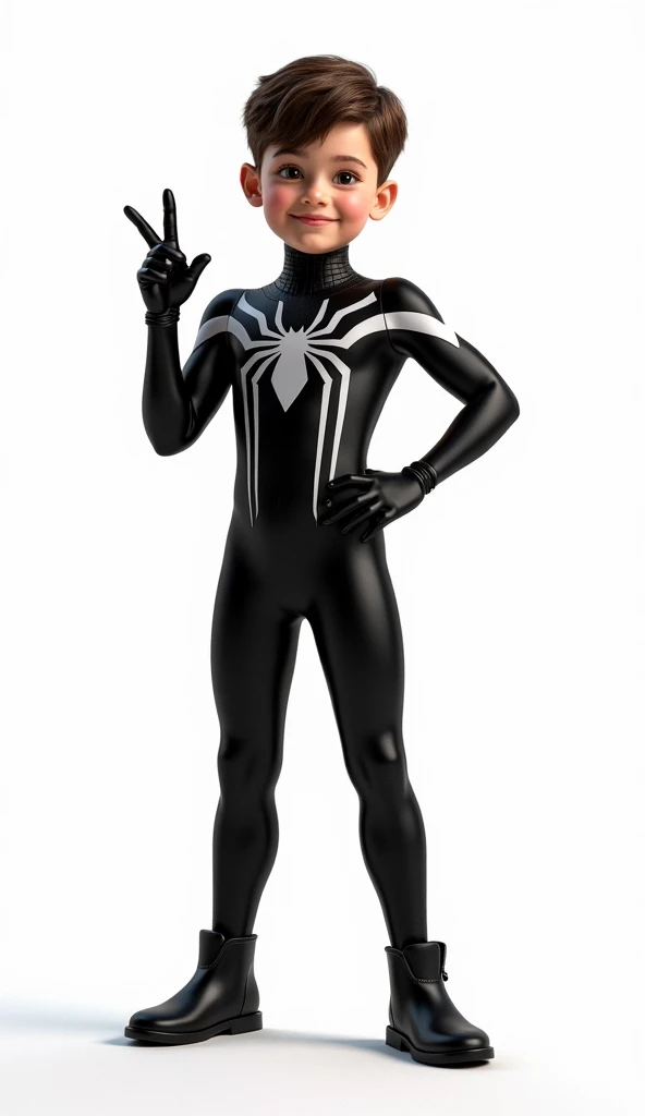 A  boy is wearing a tight-fitting black Spider-Man costume, featuring sleek designs that accentuate his small frame. He stands confidently in a full-body pose, looking directly at the camera with a bright smile. One hand is raised, mimicking the gesture of...