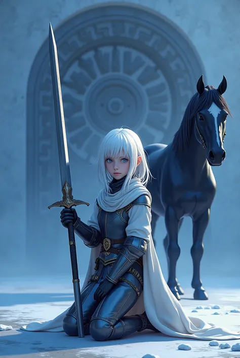 Create a girl , with white hair,  blue eyes with a knights sword in the right hand and kneeling on the ground with the left knee,  the background should be blue with a lock in the background , Next to it is a black horse with its head looking at the girl 