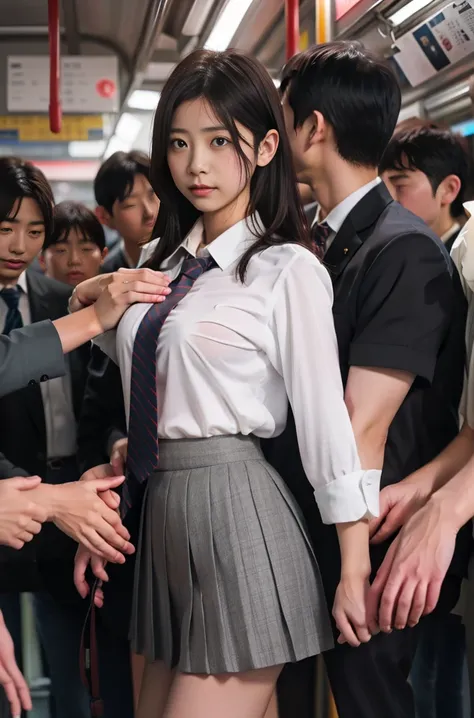 (molestation:1.8) japanese woman, beautiful breasts, (white shirt,red necktie,pleated pattern short skirt, darkbrown hair,bangs,ear,japanese school uniform),tits grab, in the train, Multiple men around her grab her breasts, Chest grab, multiple hands, mast...