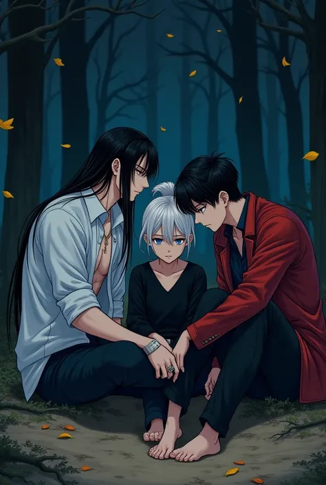 In the stillness of a forest at night, three strong and athletic tall male friends are sitting on the floor , surrounded by dry leaves. The first one is imposing, with long, straight black hair that falls to her waist, contrasting with his pale skin and sh...