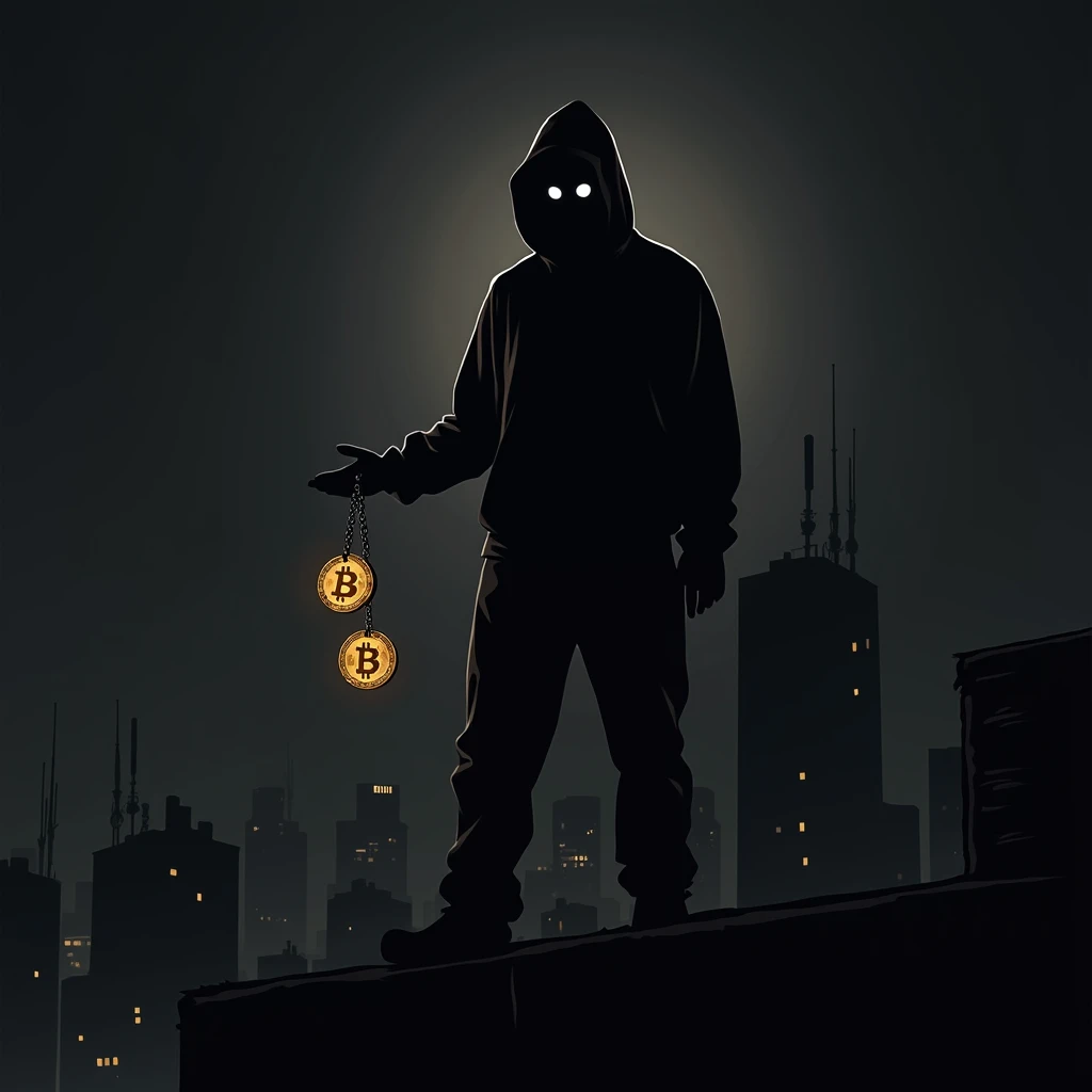  contour graphic ,  dark and black , haze, black smoke, black, only outlines , only lines ,  sharp contrast, night, dark and scary ,  shirt has black , 

a beggar in a black hoodie stands on the edge of a skyscraper and holds bitcoin on a chain in an outst...