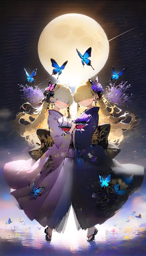 2girls, (twins:1.5), long hair, golden hair, looking at another, blush, smile, closed mouth, jewelry, (full body:2.0), outdoors, earrings, japanese clothes, hair flower, (hair over eyes:1.7), sash, obi, bug, animal print, night sky, full moon, purple flowe...