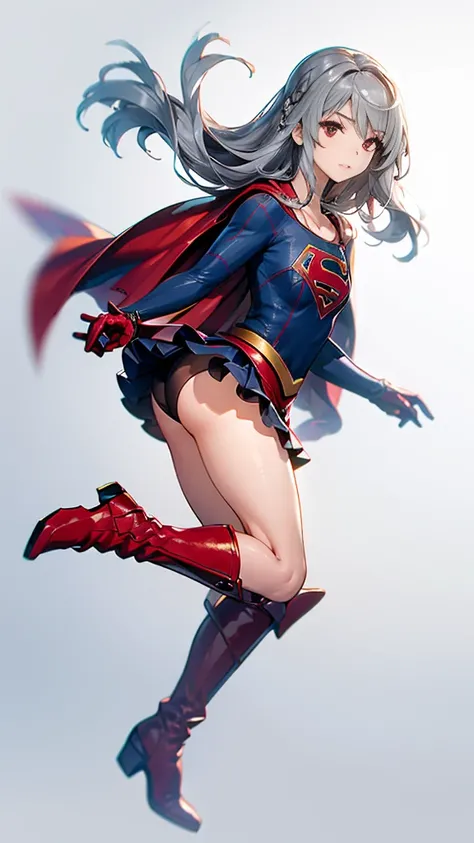 (whole body), (masterpiece:1.2), (Highest_quality:1.2), (Ultra_  Details:1.3), 8k, low angle，Big Butt Girl,  medium chest, Bare legs，red long boots， 3d rendering ,( supergirl)，Laura Bodewig, Long Hair, (red eyes:1.3), Grey Hair,  red skirt， skirt boosts sh...