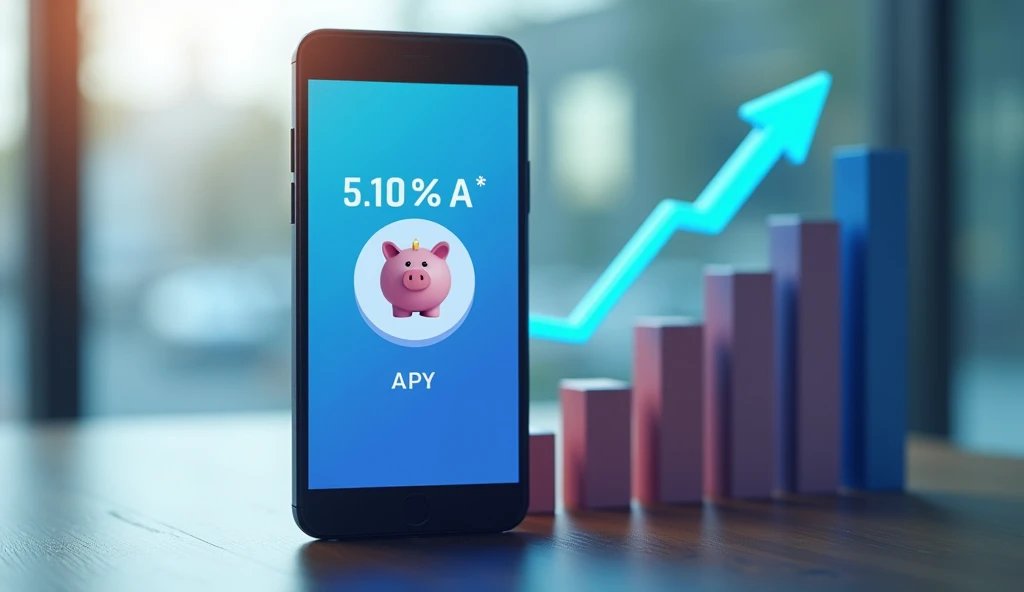 "An ultra-modern smartphone screen showing Bank A’s app interface, with ‘5.10% APY’ displayed prominently. In the background, there’s an icon of a piggy bank and upward-pointing arrows symbolizing growth, ultra realistic."