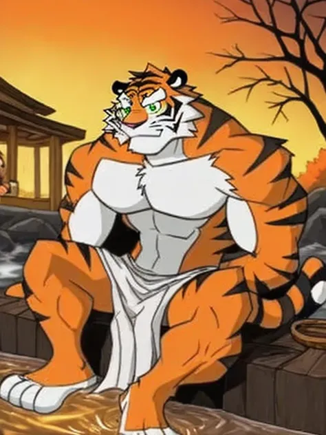 sit,Humanoid Tiger,Green Eyes,((No tail)),muscle,Naked,fur,three toes , black stripes, orange body, white chin ,white boobs,White belly,white hands and feet, Quality Best ,Cartoon,8k,outdoor,The six-foot cloth ,hot spring,Bath,drink milk,Warm colors.