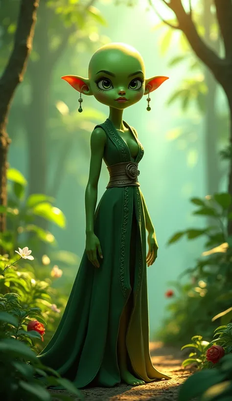 Bald green witch 20 year old girl in jungle, (full length) 3d animated cartoon