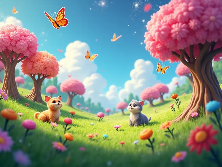  image for a cartoon story YouTube video in Pixar format. Fairytale Kingdom:   Showing emerald meadows, candy trees ,  butterflies,  whispering secrets  