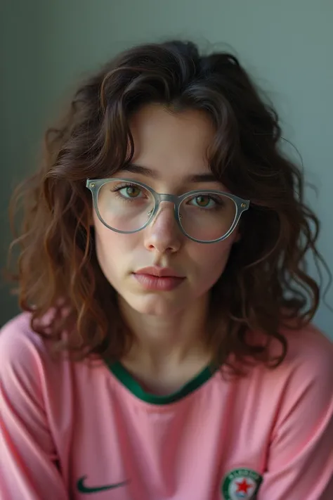 Girl with medium curly brown hair .
 Translucent round glasses 
Algeria pink jersey
An Algerian air 
Pose seen from above
