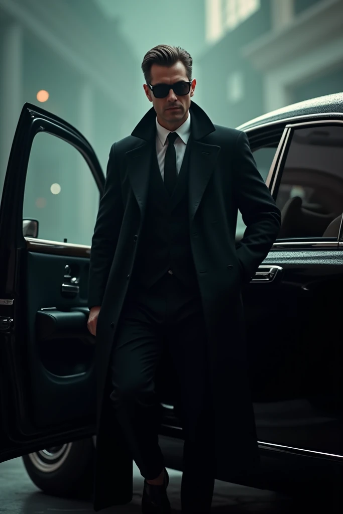 In front of rolls royce black car side door open a business man with black coat shoot dress black eye glass in stand side of the car background light font moral  about rolls royce generate image