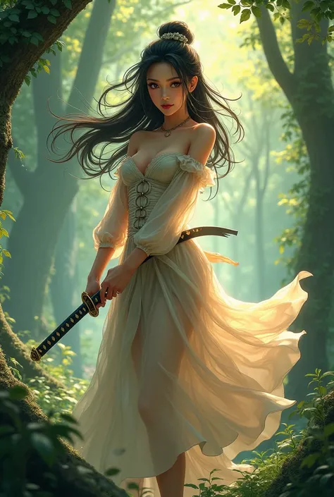  woman stripped with a sword and a dress in a forest, Alena Aenami and Artgerm, katana, she is holding a katana sword,  beautiful attractive woman Anime , [ 4k digital art ]!!, anime badass 8 k,  high-quality detailed art 8k , seductive anime girl ,  anime...