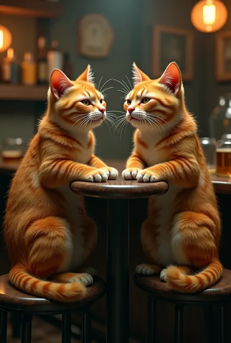 Two orange cats with human bodies start crying at the bar 