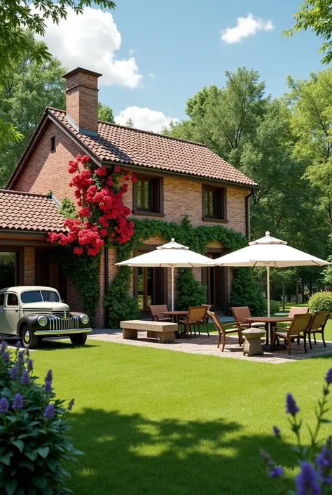  Imagine being there ,  breathing in that fresh air surrounded by green all over parts .  The main house has that rustic style so cozy ,  with their brick walls and tile roof .  Do you see those red flowers climbing on one side ?  They give a touch of beau...