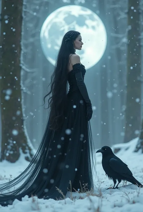 Most beautiful vampire_goddess with long flowing hair and a giant black crow standing in a mystic snowy forest with glistening snow falling, artstation trend, soft cinematic light, soft shadows, small highlights, unusual, futuristic space background, lots ...