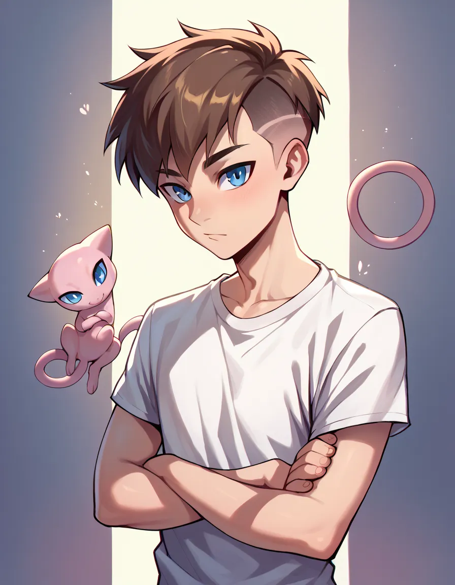 ((1 mew pokemon)) ,(( 1human male)),human male adult , brown pixie cut side hair style  , blue pupils , white t-shirt , pose ,me...