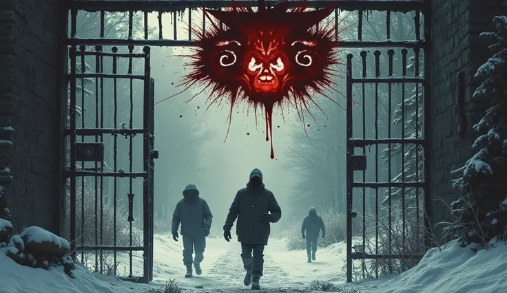 A visually striking YouTube thumbnail for "LÉvasion de la Cellule 17". The scene captures the moment of escape: a close-up of a broken prison gate covered in frost, with footprints in the snow leading into a dense, dark forest. In the distance, the silhoue...