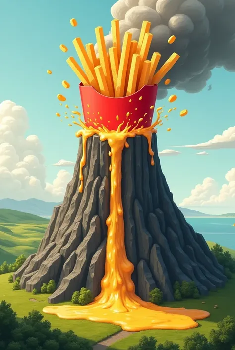 Volcano mountain drawing with french fries rising from the top and melted cheese falling for a company logo