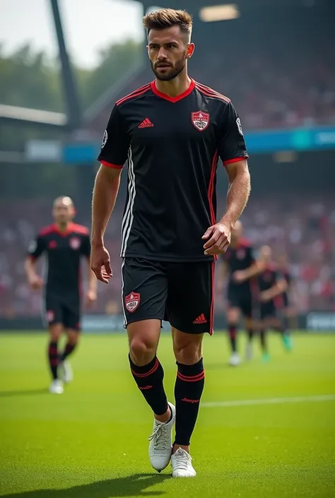 black soccer team uniform with white and red details 