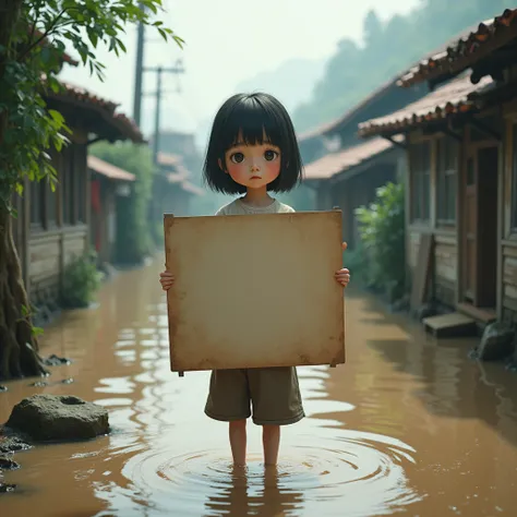 After the typhoon, heavy rain hit, and the Asian countryside was flooded, with only roofs left in some places. A  Asian girl stood at the entrance of the village holding a large card and crying. The card was so large that it took up most of the picture. Th...