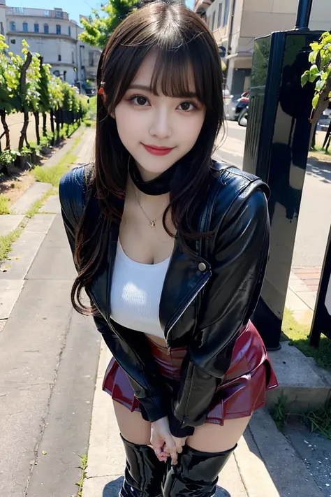 Full body,gazing camera, large breast ,she is standing in a park,(black thick black bikers jaket,knee high boots,high gloss,wine red thick leather mini skirt,curvy thighs,:1.5),black medium straight hair, one girl, (a beauty girl, delicate girl:1.3), break...