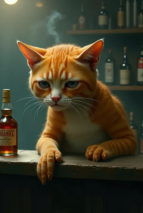 An orange cat with the body of a man crying at the bar