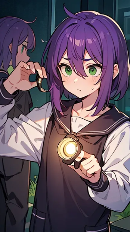 (( A man with purple hair and green eyes )),((Im holding a flashlight )),(( dressed like a purple college student)),bangs, hair between eyes,A frightened expression 