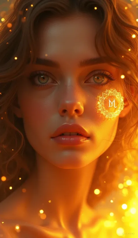 Close-up of an elegant Leo woman with intense amber eyes, soft wavy hair, and the Leo symbol glowing in 3D on her cheek, surrounded by a vibrant golden aura.